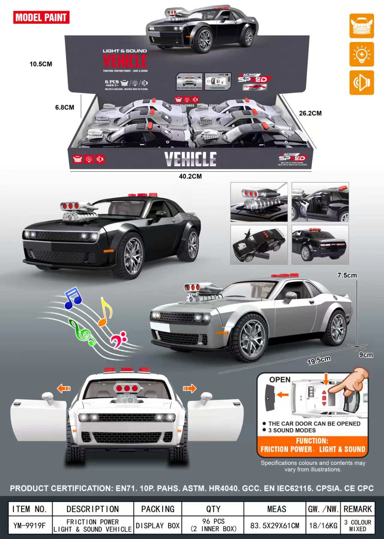 Black, silver and white police cars with friction power, lights and sounds, children's toy car models, alloy car models, hot wheels details Picture
