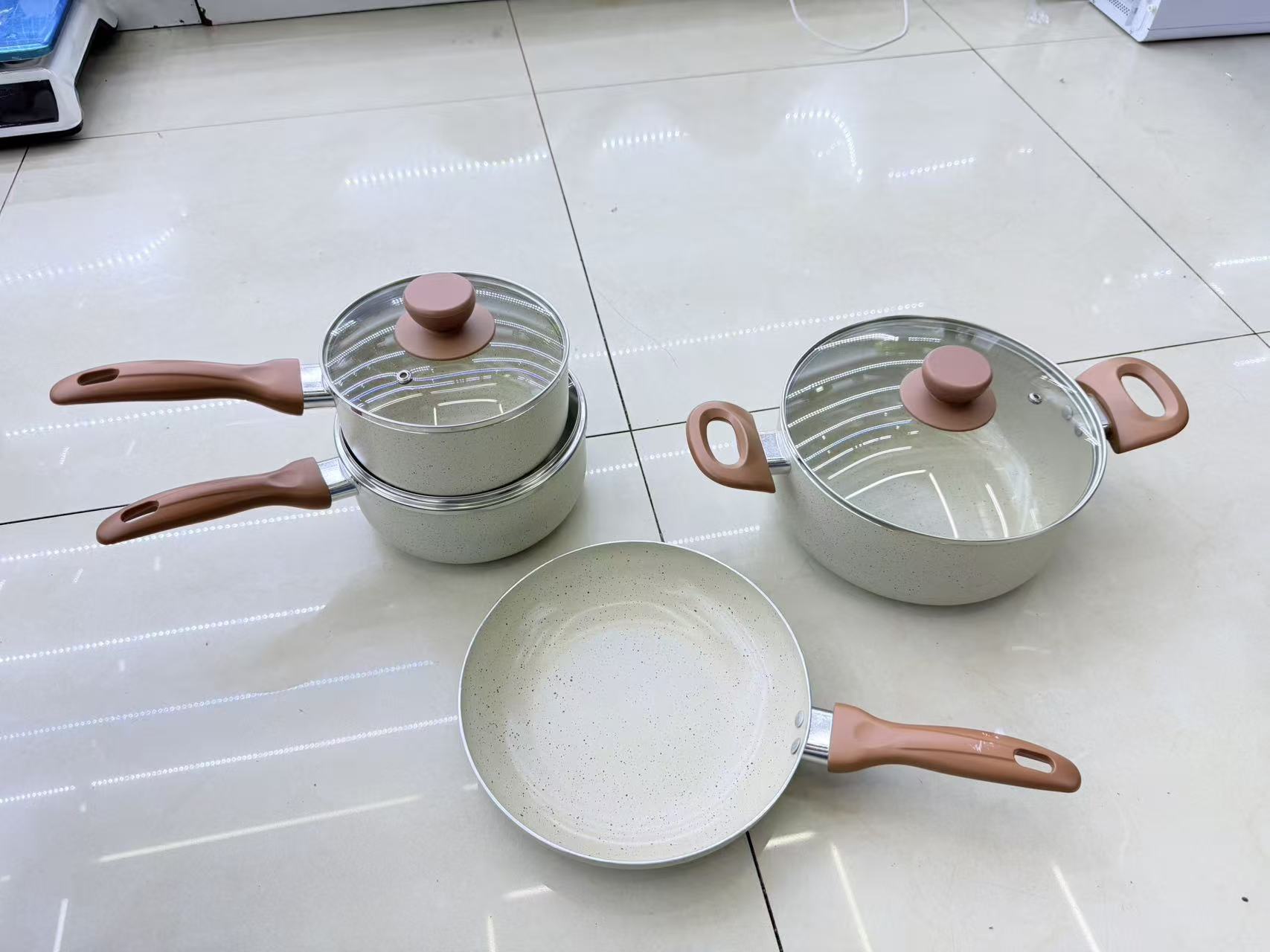 7pcs aluminum cookware set ceramic奶油黄铝锅套装煲汤煎炒煮闷热销款陶瓷耐造