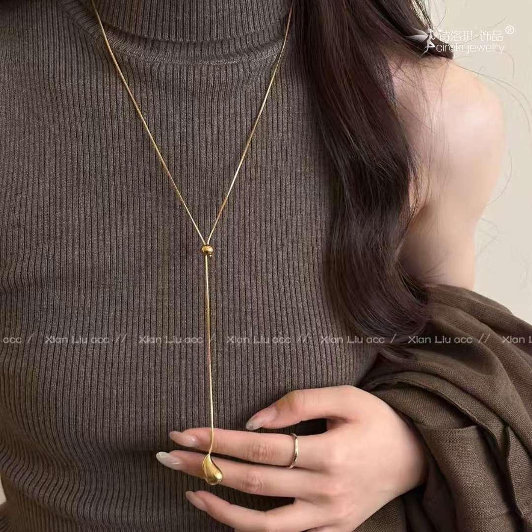 诗洛琪饰品韩系高品质金色水滴抽拉长款项链女新款时尚高级毛衣链配饰