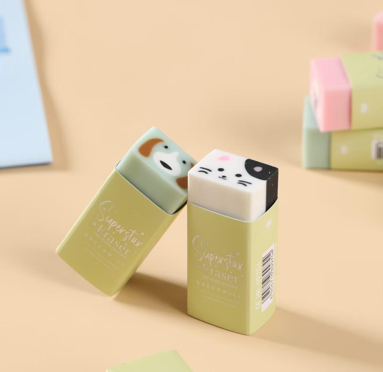 HR-09704 Cute Pet and Adorable Animal-shaped Eraser Set Stationery Eraser Blind Box, 24-piece eraser set Specification drawing