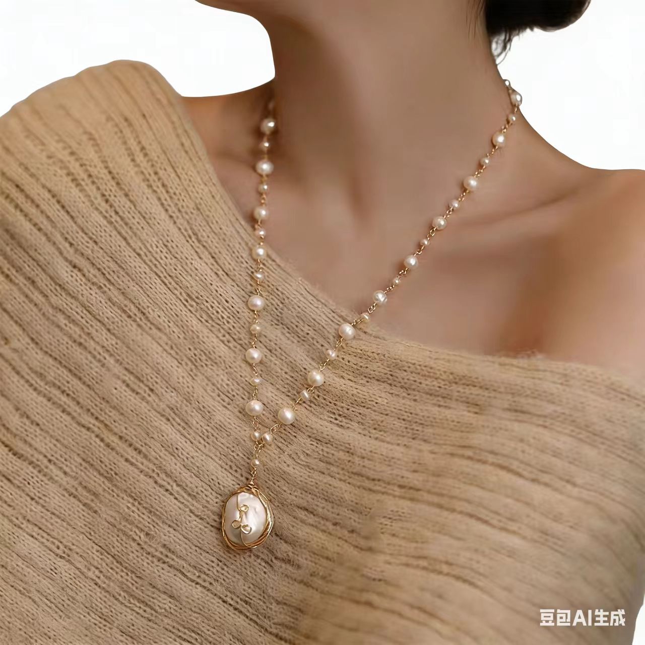 项链/珍珠/天然石项链/珍珠链条女款拼接气质/珍珠项链白底实物图