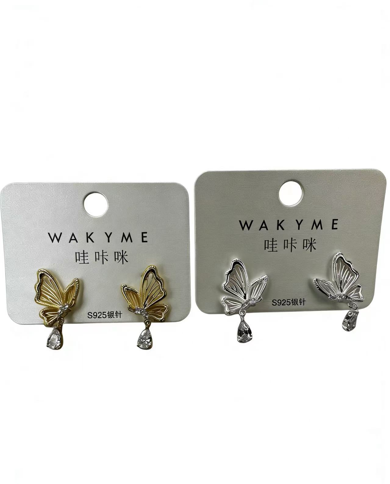 哇咔咪新品s925银针蝴蝶水滴锆石耳环 铜镀真金温柔耳饰 金银俩个色