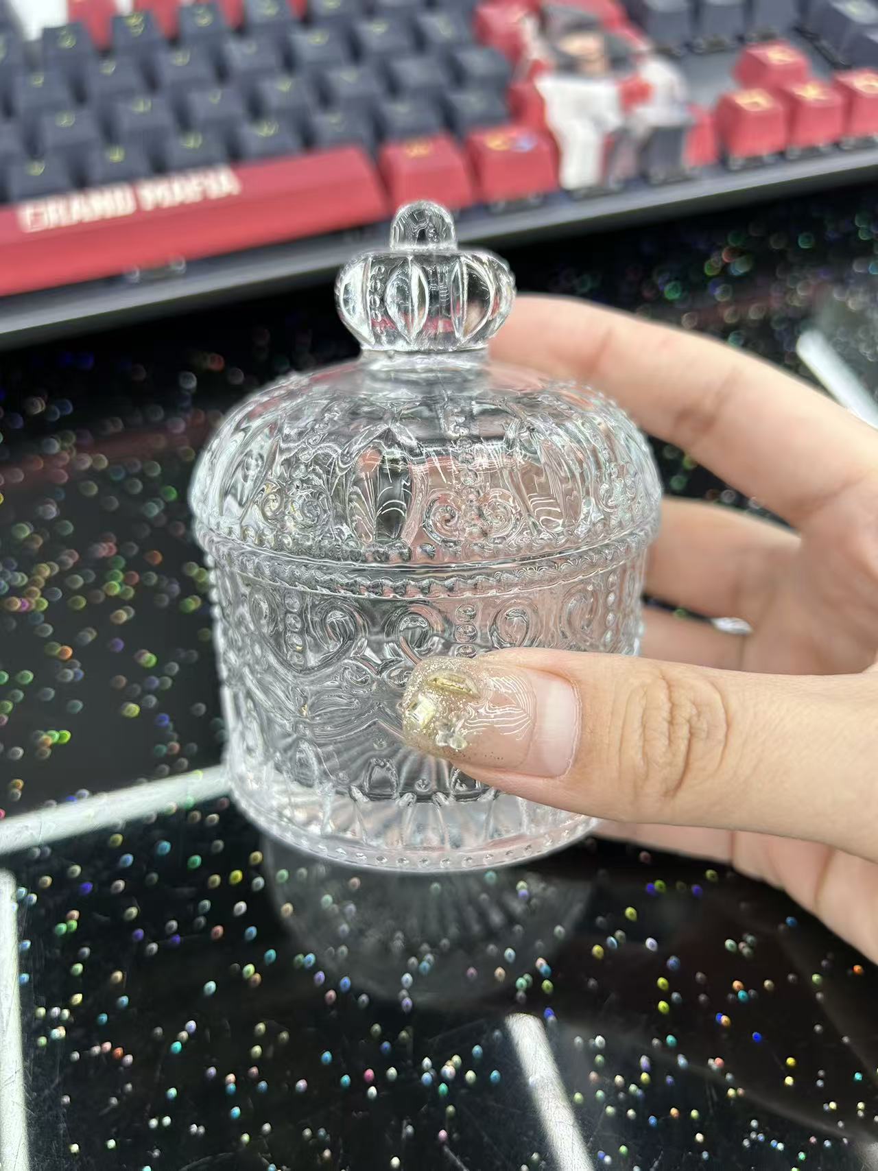 Small crown glass sugar jar with lid, exquisite Ins-style cosmetic storage, ZK decorative item details Picture