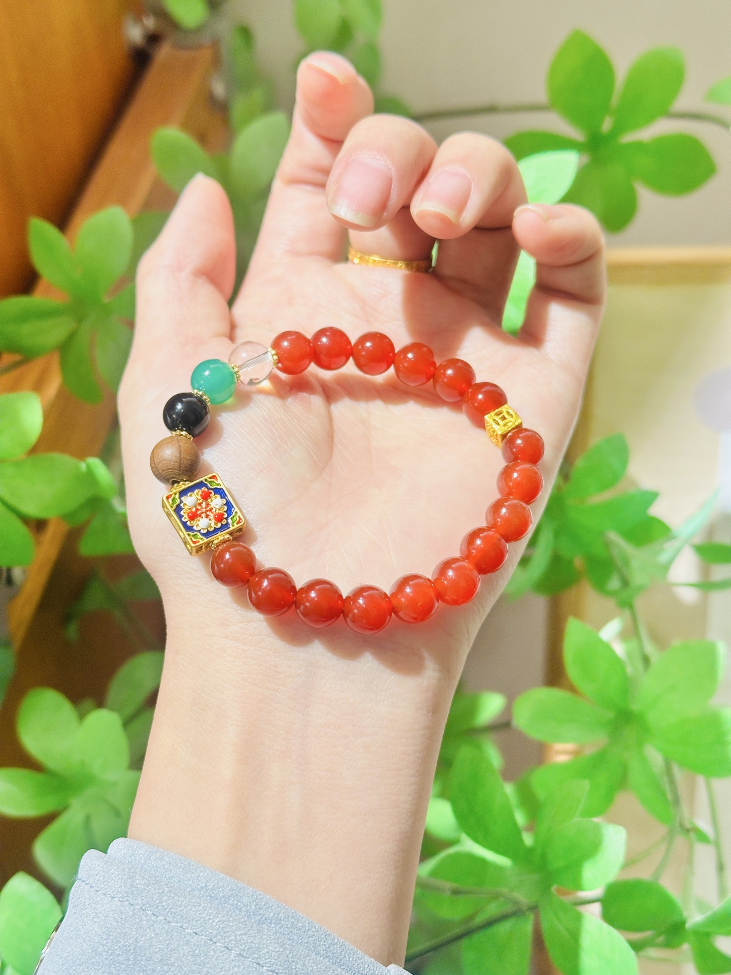 【 Ya Jin Pei Jewelry 】8mm Red Agate Zaki Lam Square Bead Multi-treasure bracelet details Picture
