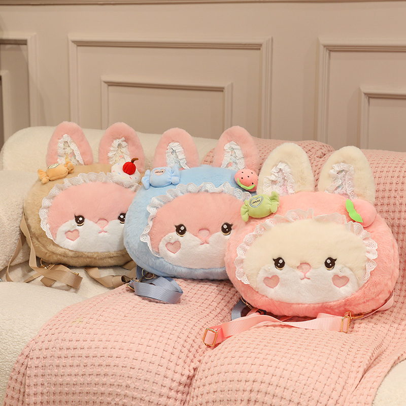 Lolita dessert Rabbit Big Head bag, pink rabbit Big face backpack, plush cute and sweet lace Sweet girl backpack Item Picture