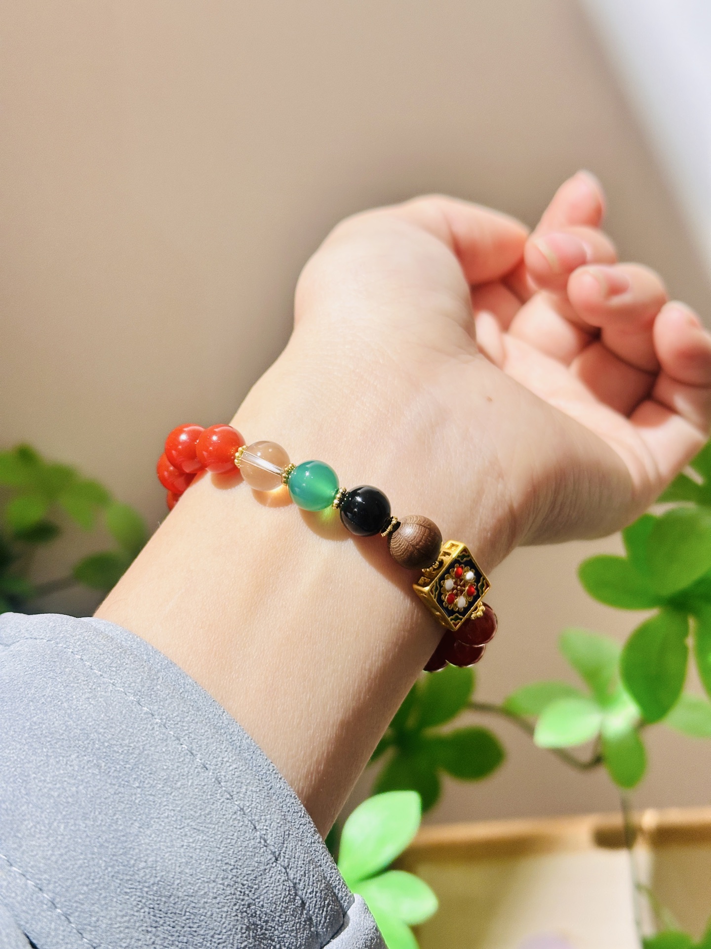 【 Ya Jin Pei Jewelry 】8mm Red Agate Zaki Lam Square Bead Multi-treasure bracelet Specification image