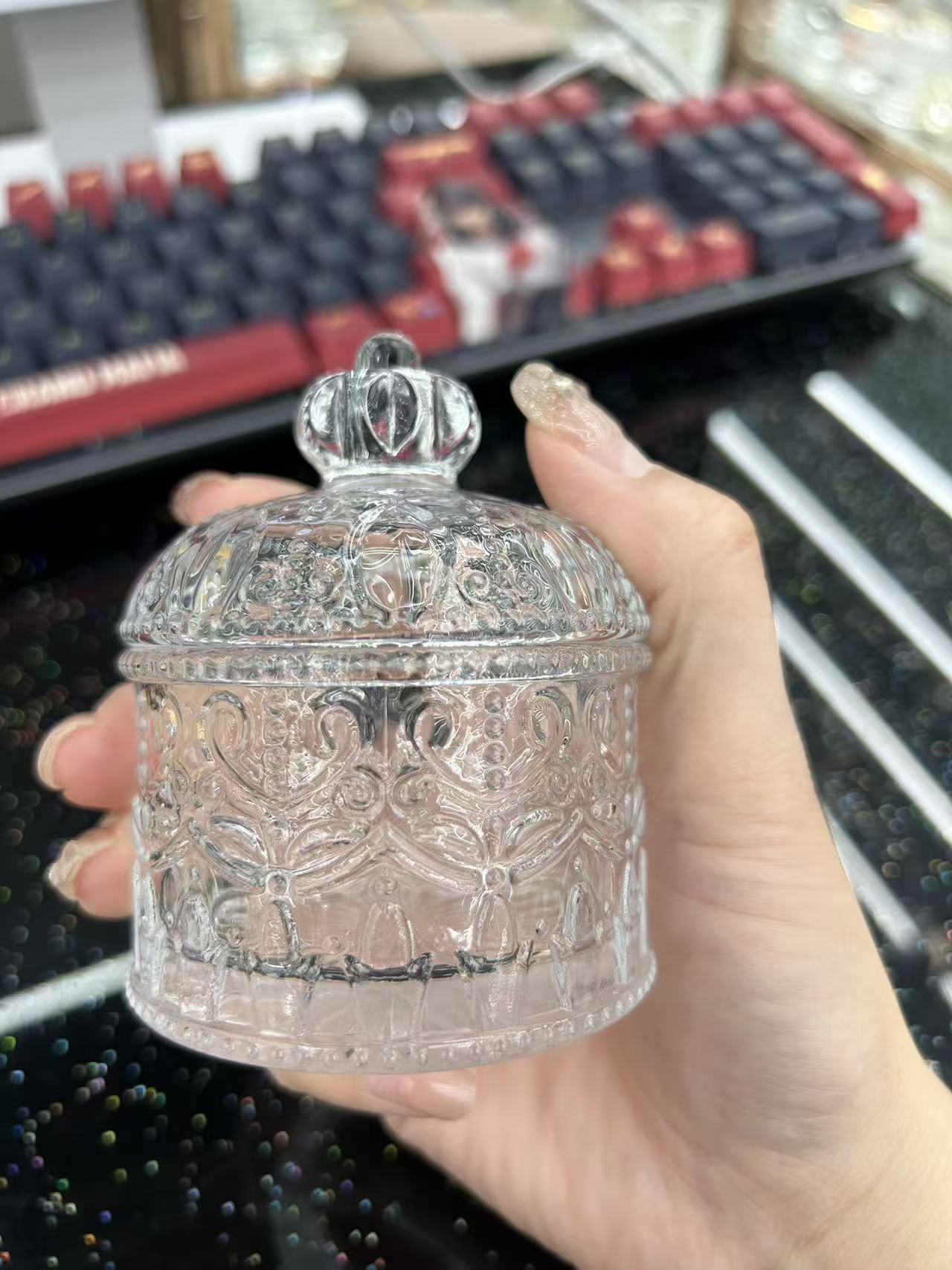 Small crown glass sugar jar with lid, exquisite Ins-style cosmetic storage, ZK decorative item Specification image