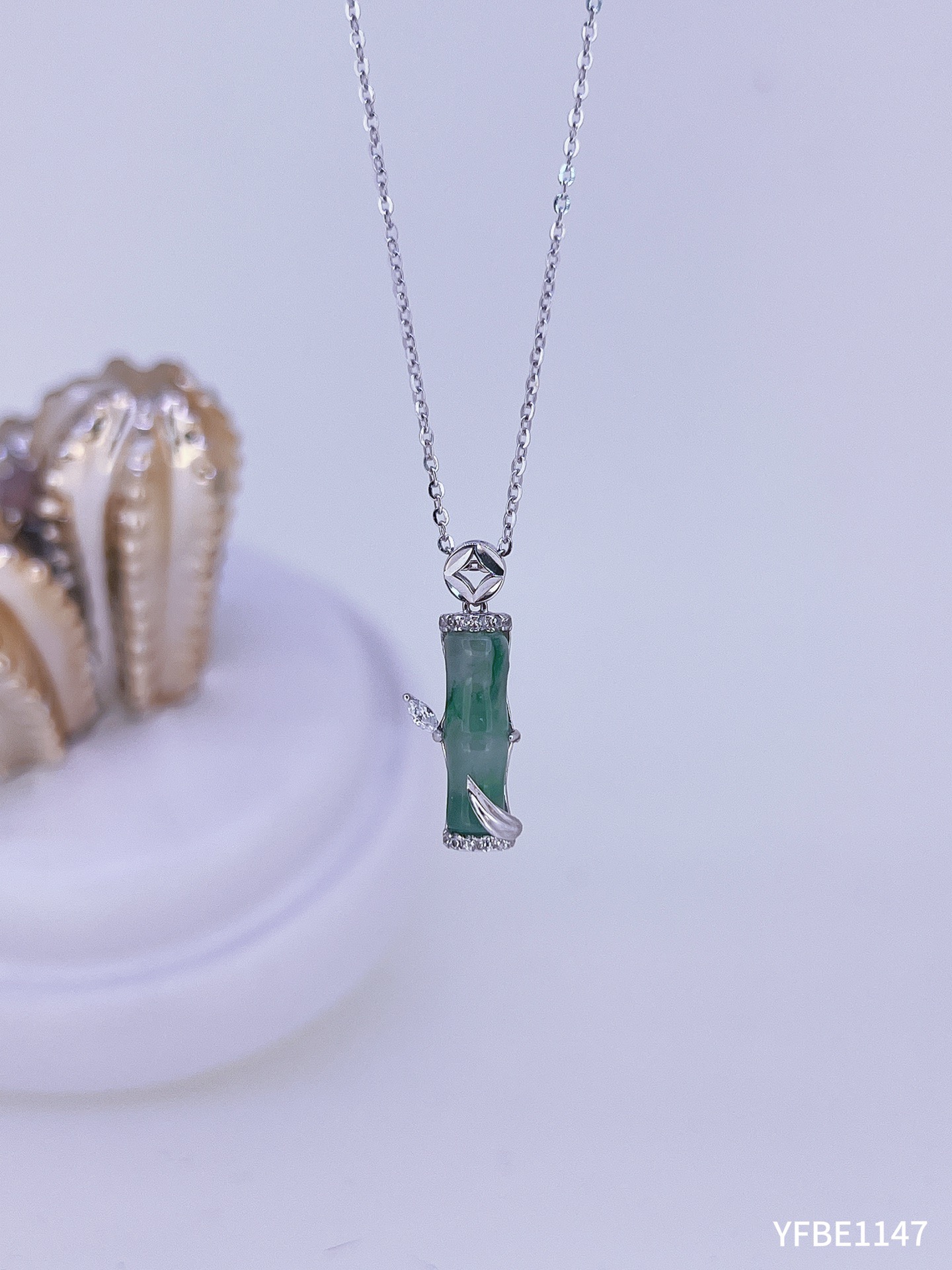 天然非洲翠竹节吊坠百搭时尚S925纯银项链