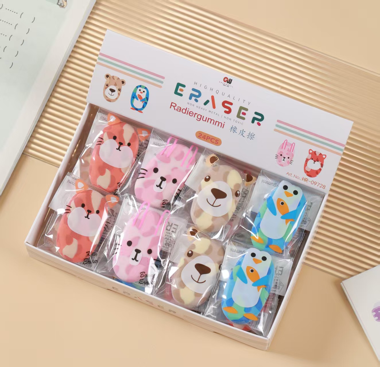 HR-09728 Small Soap B Eraser Set Stationery Animal Packaging Eraser Blind Box, 24-piece eraser Specification drawing
