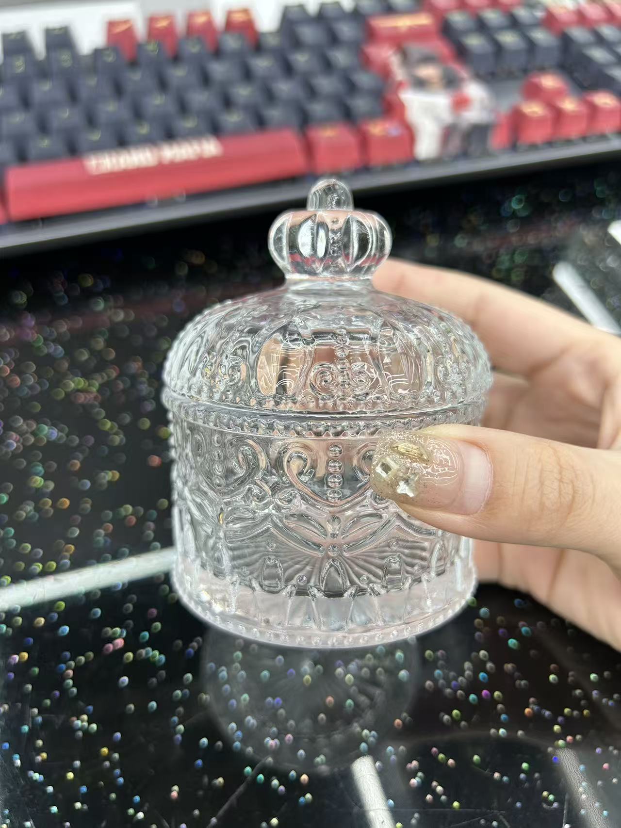 Small crown glass sugar jar with lid, exquisite Ins-style cosmetic storage, ZK decorative item