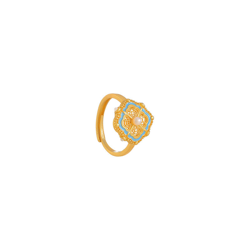 New Chinese-style sand gold filigree enamel pearl index finger ring, a niche design for women with a light luxury and high-end feel, an open ring Item Picture
