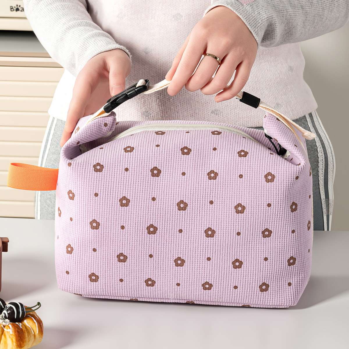 新款灯芯绒保温包大容量午餐袋上班上学带饭便当包饭盒袋户外餐包详情图17