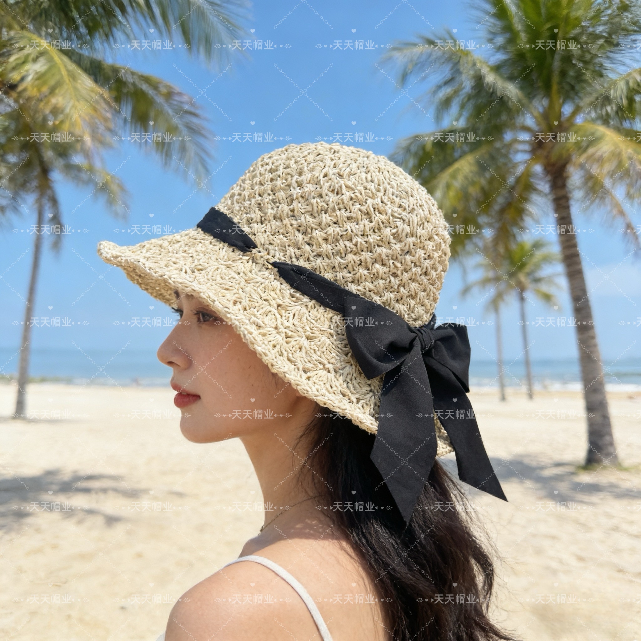 草编帽，沙滩防晒帽黑色蝴蝶结绸带，纯手工编织帽子，小红书抖音热销款，草编织女性沙滩草帽小麦秸秆环保