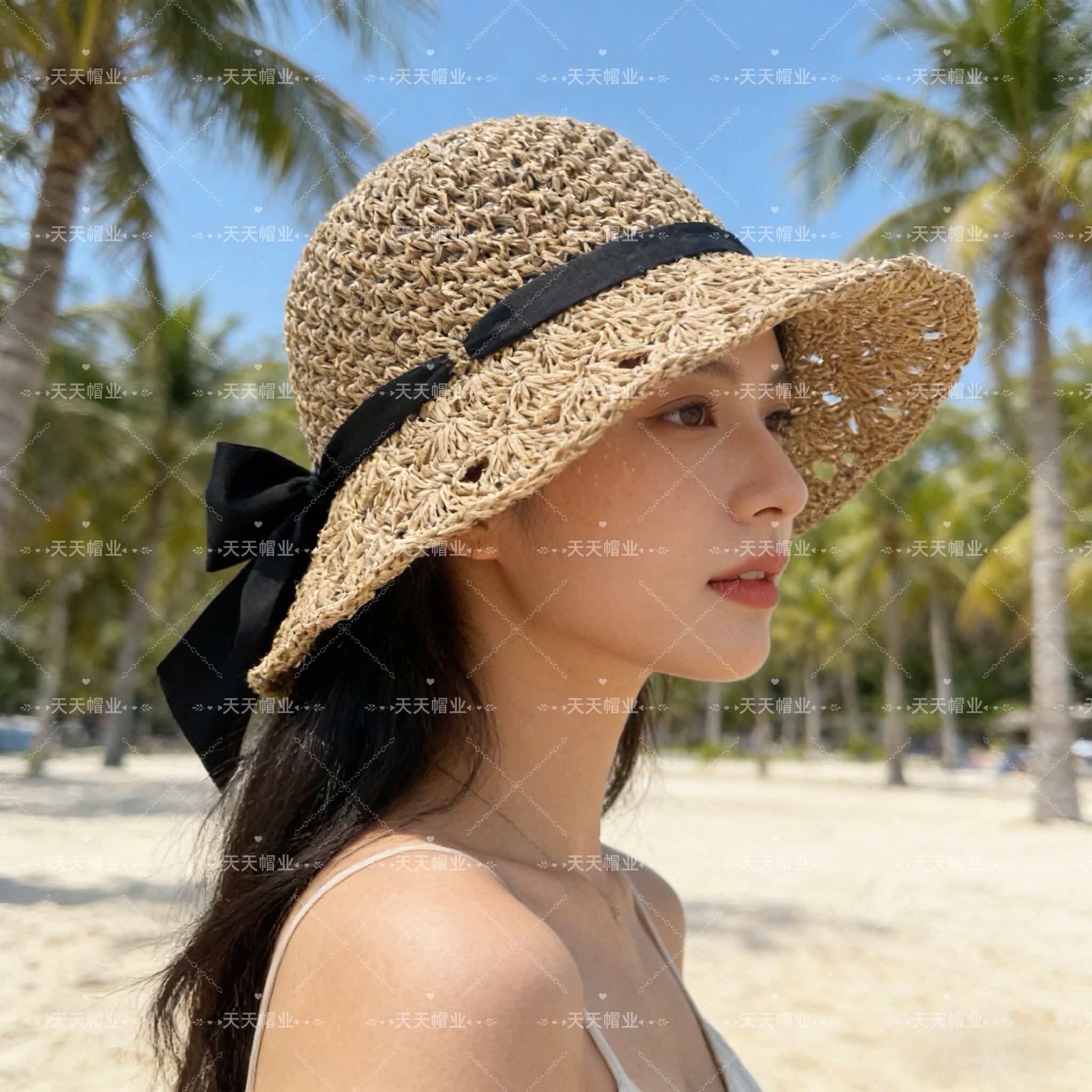 黑色蝴蝶结草编帽，沙滩防晒帽，纯手工编织帽子，小红书抖音热销款，草编织女性沙滩草帽小麦秸秆环保