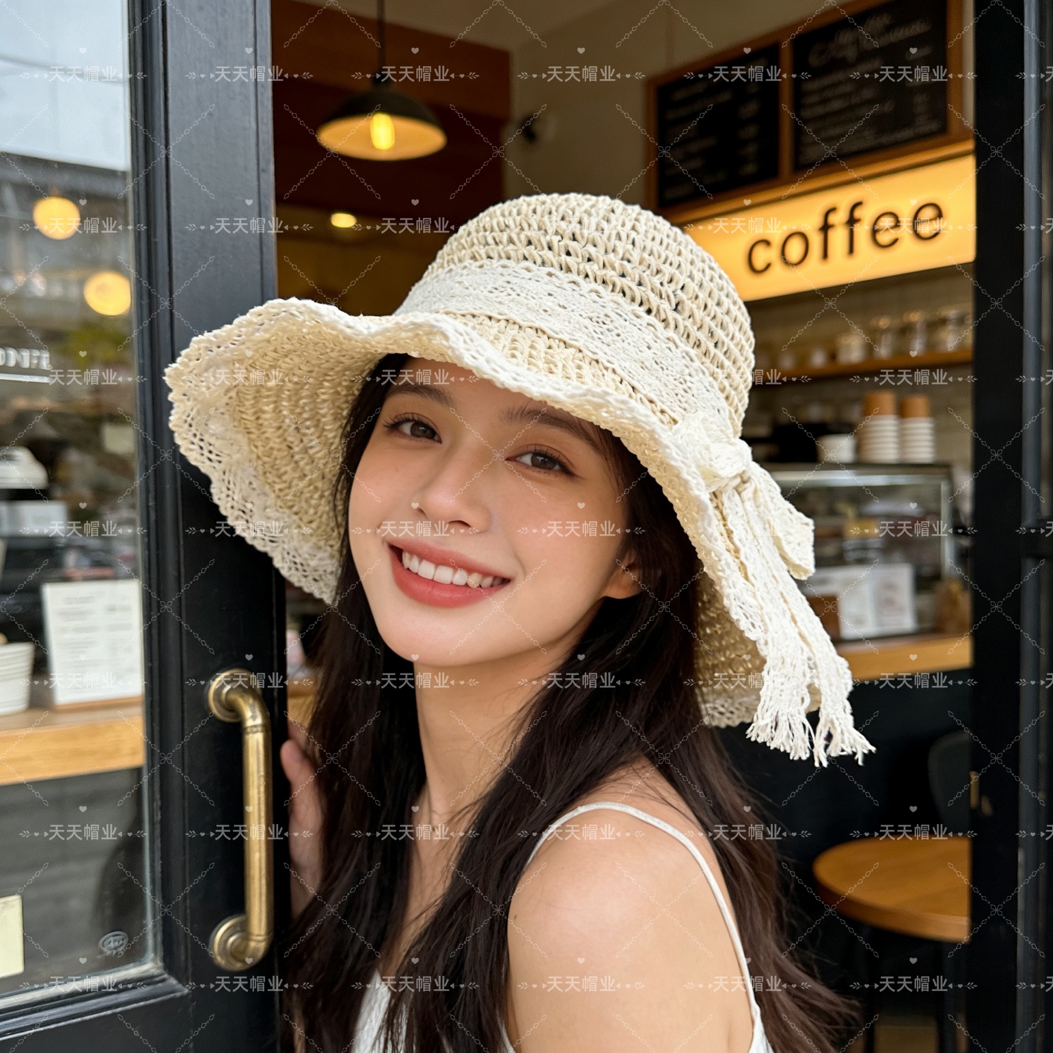 蕾丝草编帽，沙滩防晒帽，纯手工编织帽子易折叠易收纳草帽，小红书抖音热销款，草编织女性沙滩草帽小麦秸草帽秆环保