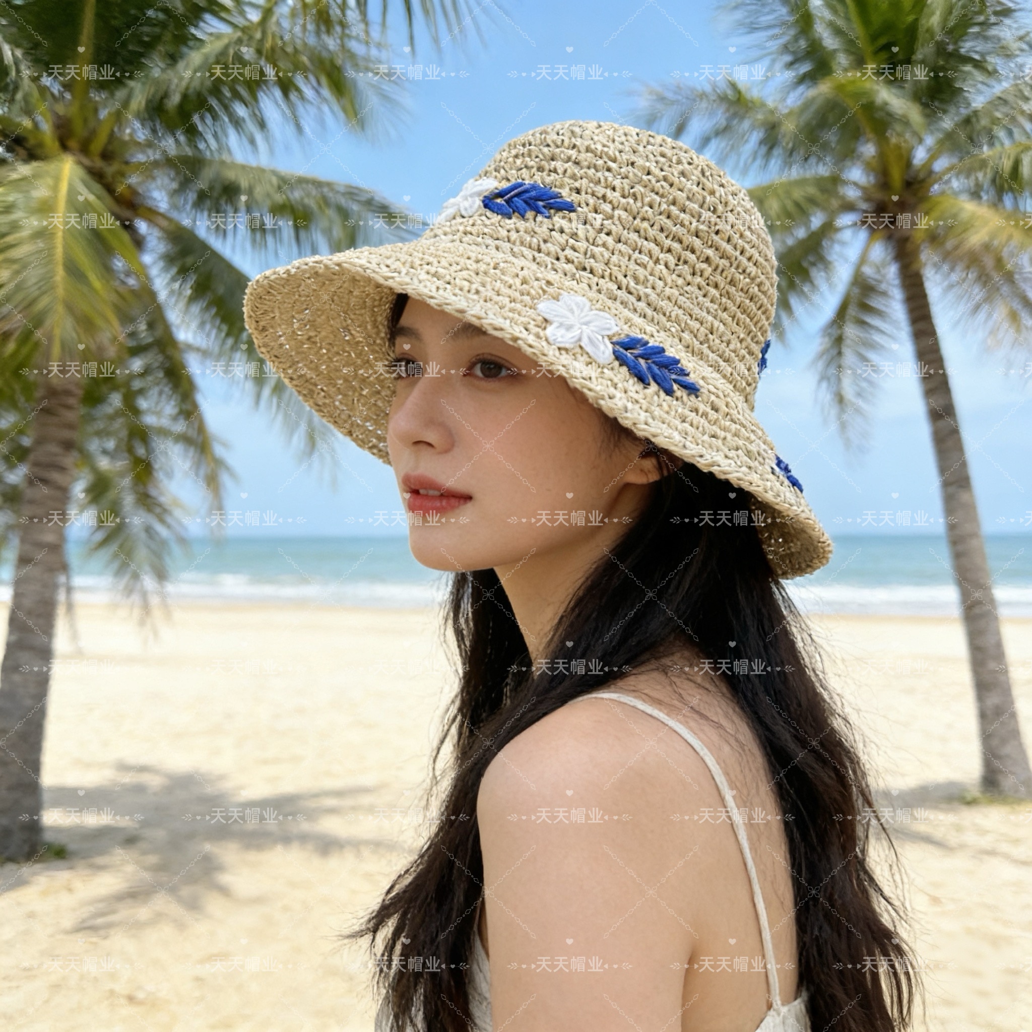 沙滩防晒帽，纯手工编织蕾丝帽，小红书抖音热销款，草编织女性沙滩草帽小麦秸秆老式蕾丝花边