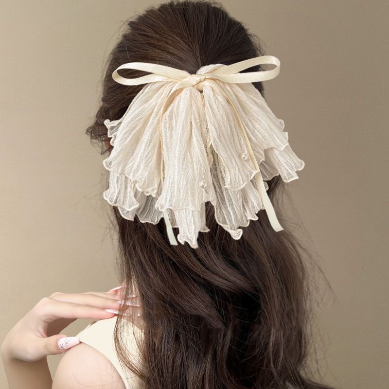 The light blue bow, heavy pearl, high-end ribbon, ponytail, semi-tied hair band, and the hair tie are extremely large detail image 2