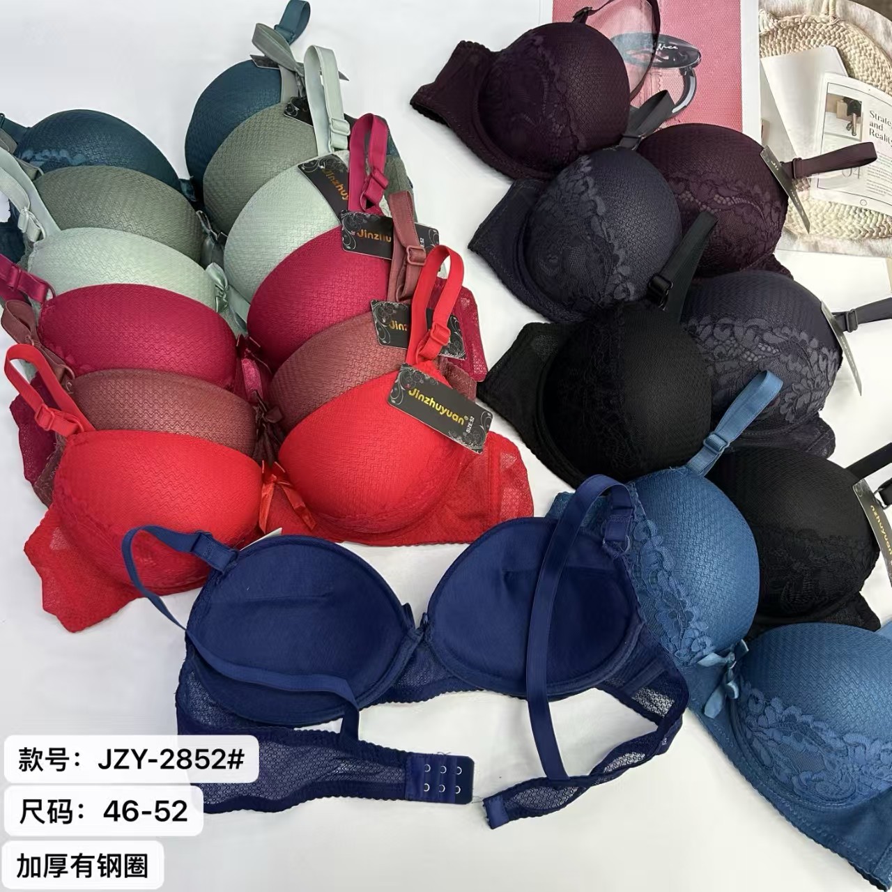 JZY-2852# Women's bras are exported to the Middle East and Africa. They are large-sized thickened bras with sexy lace bow decorations and are equipped with underwire bras. QNI full figure