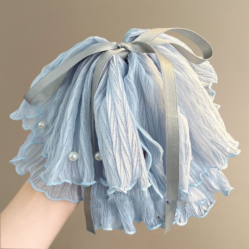 The light blue bow, heavy pearl, high-end ribbon, ponytail, semi-tied hair band, and the hair tie are extremely large Item Picture