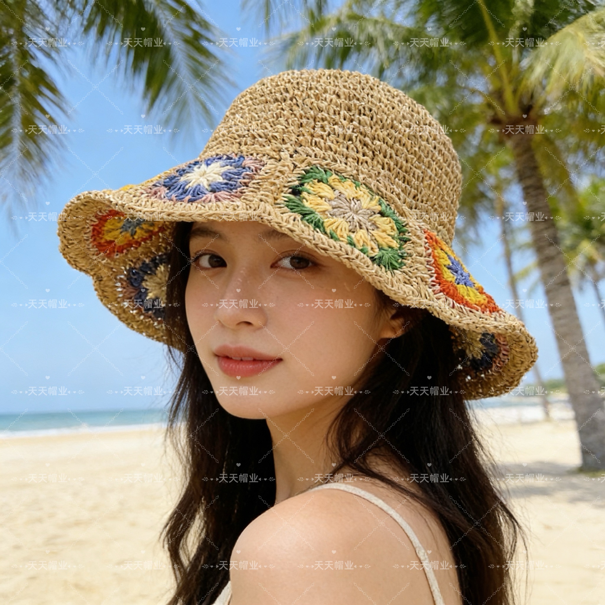 多花草编帽，女沙滩防晒帽，纯手工编织帽子，小红书抖音热销款，草编织女性沙滩草帽小麦秸秆草帽环保，易折叠易携带