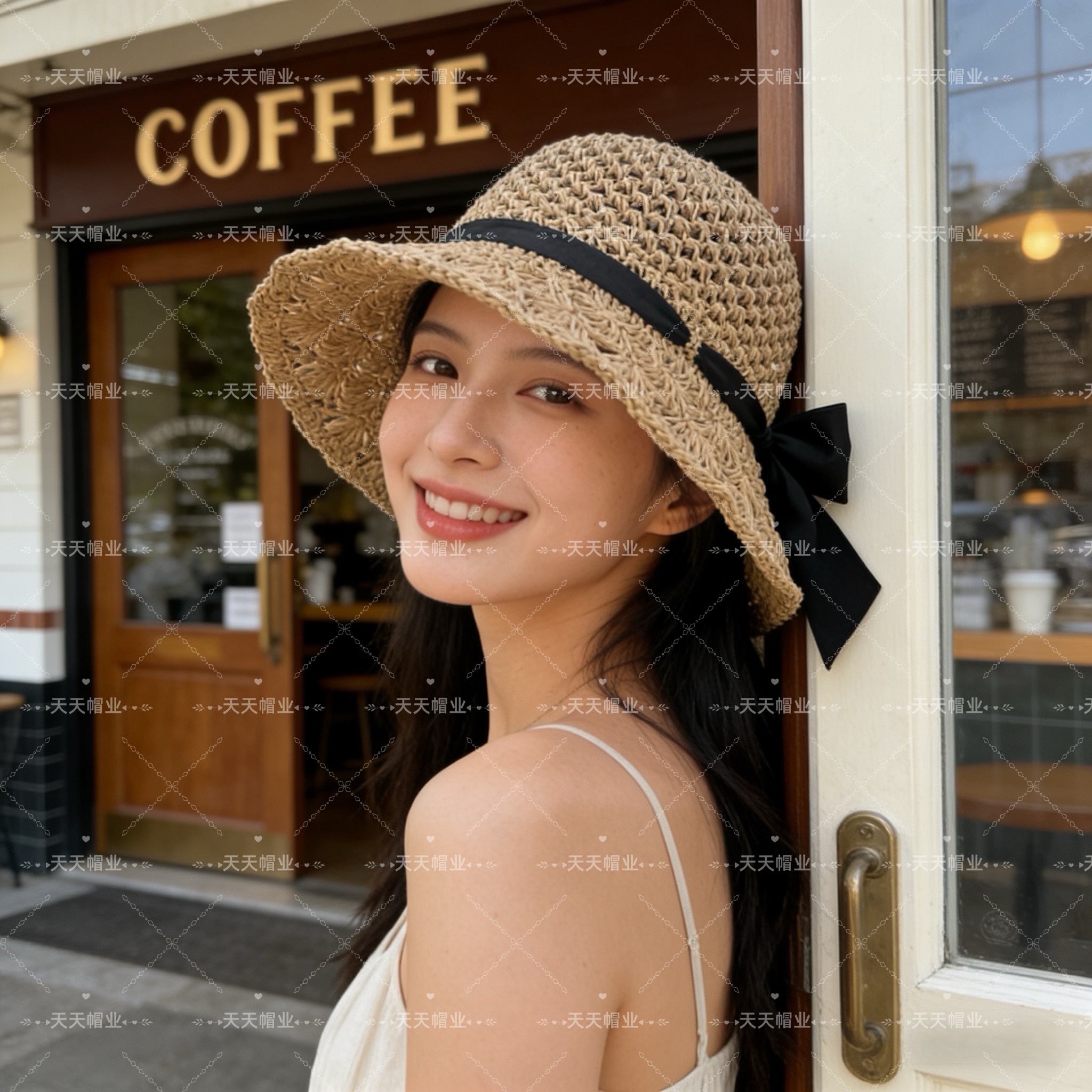 易携带可折叠草编帽，女士沙滩防晒帽，蝴蝶结绸带纯手工编织帽子，小红书抖音热销款，草编织女性沙滩草帽小麦秸草帽秆环保