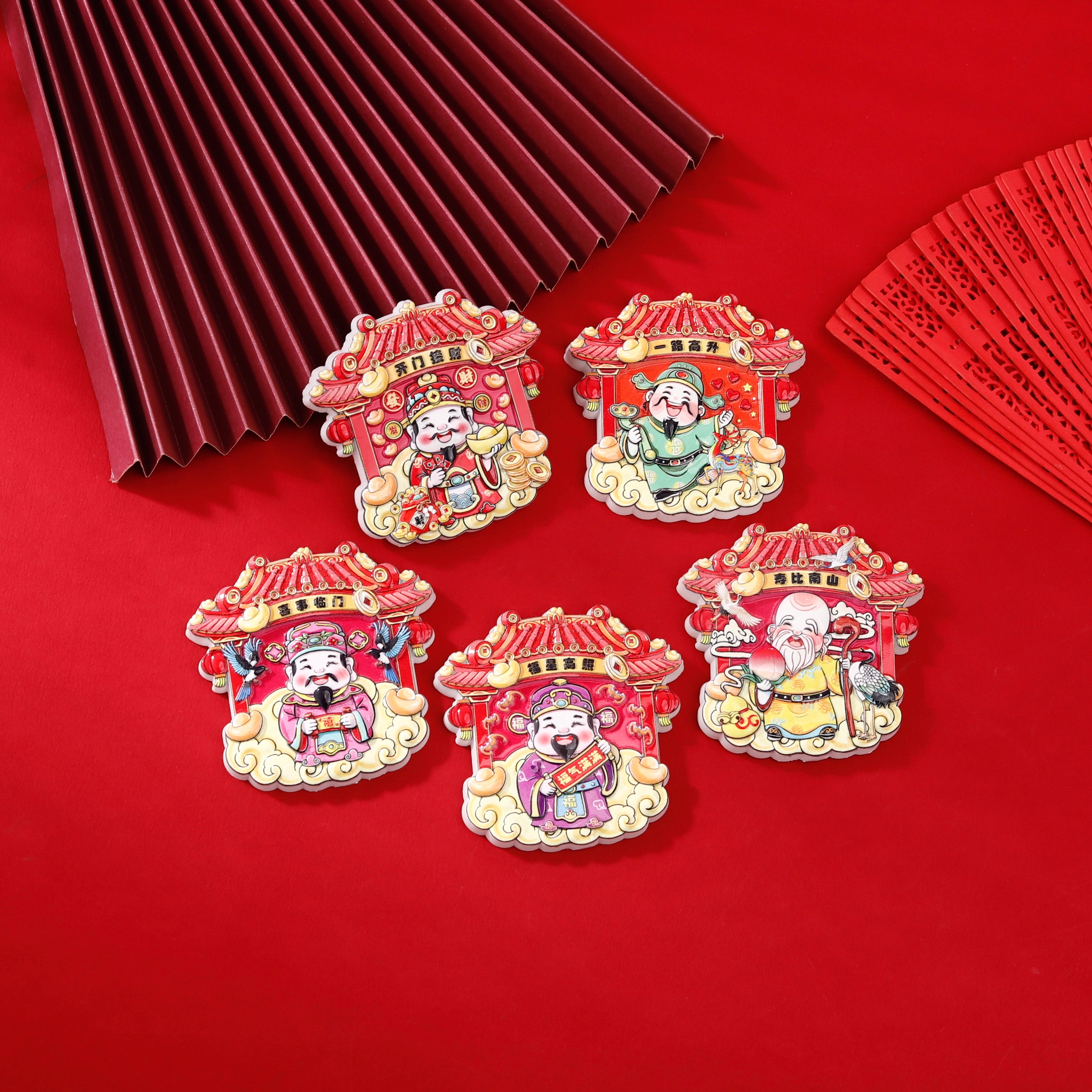 New God of Wealth refrigerator stickers, Chinese-style door god Five Blessings Arrive, Good luck and festive New Year decoration refrigerator stickers Application Scenario
