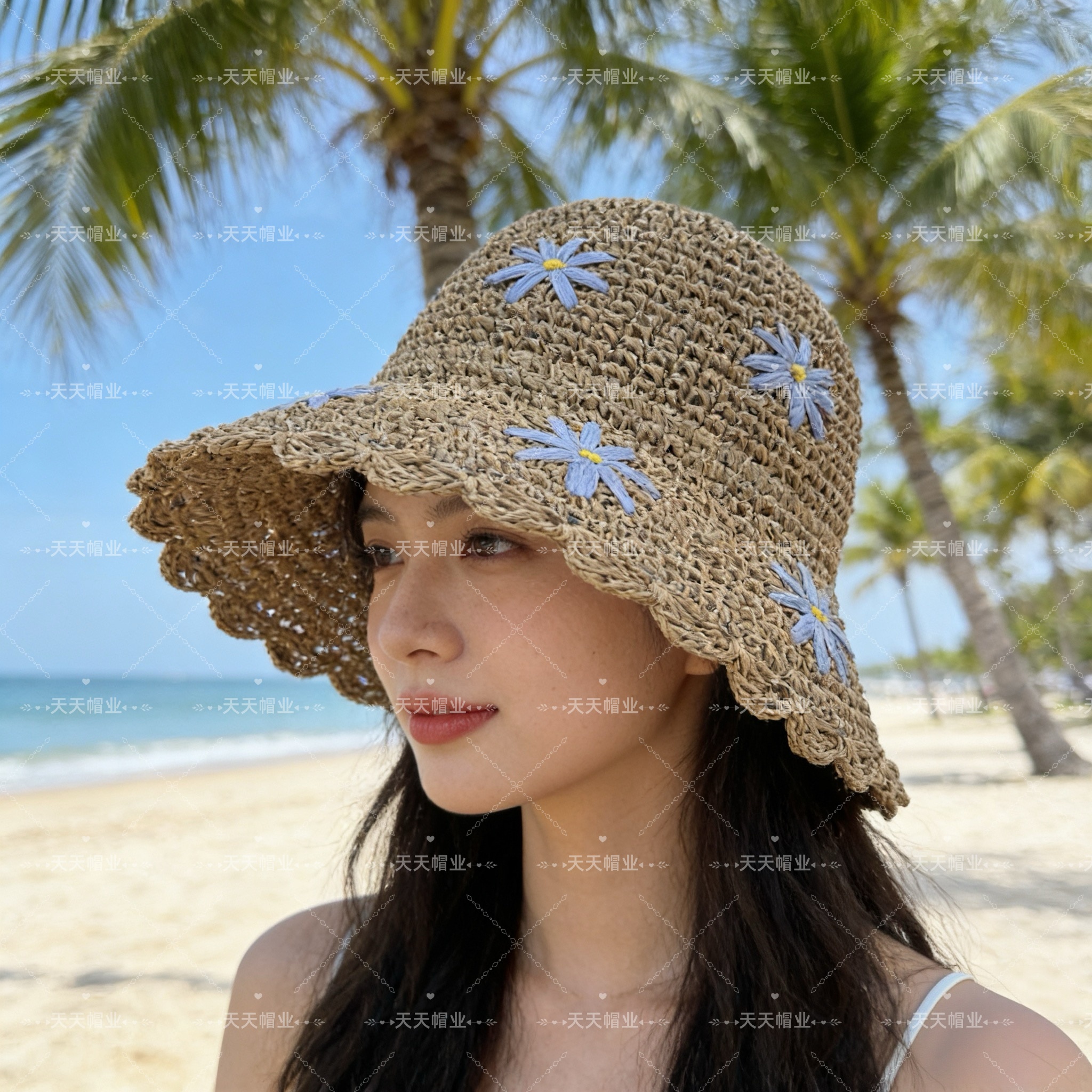 雏菊草编帽，女沙滩防晒帽，纯手工编织帽子，小红书抖音热销款，草编织女性沙滩草帽小麦秸秆草帽环保，易折叠易携带