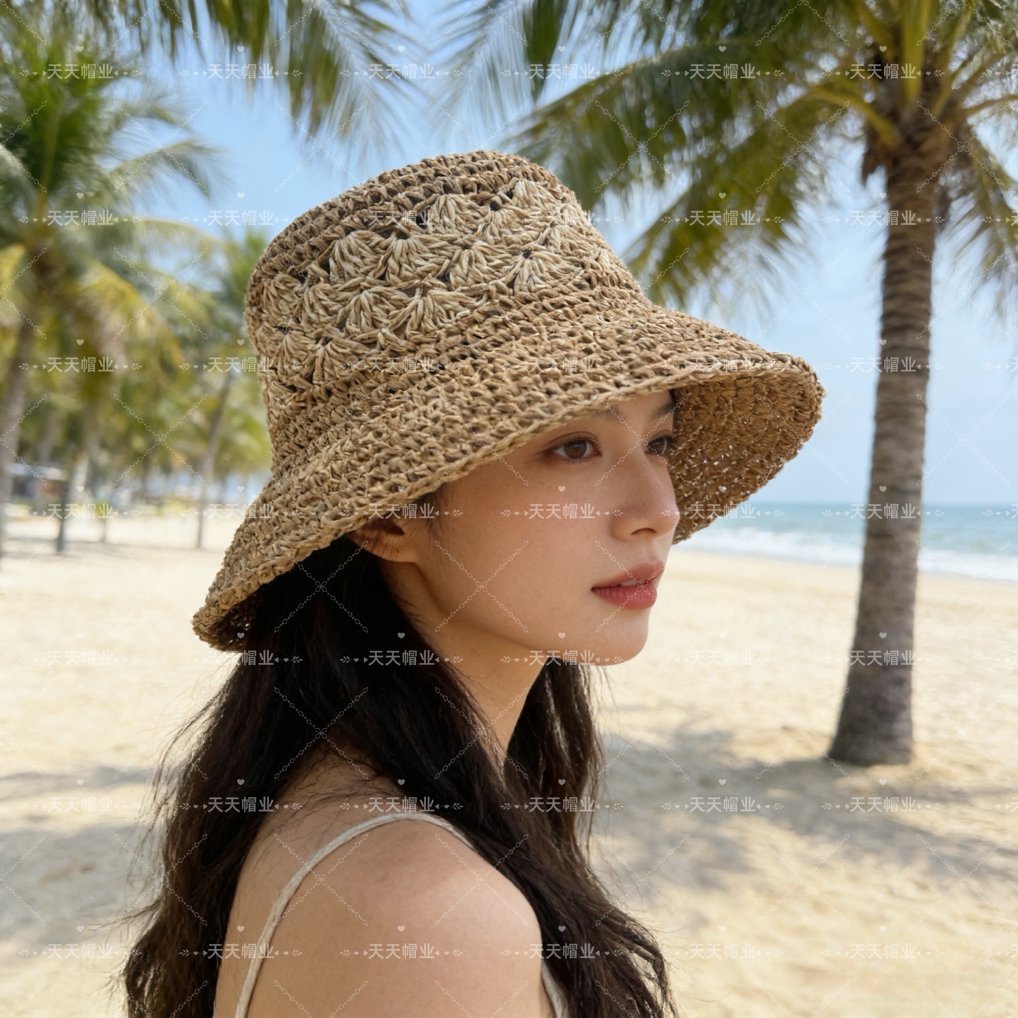镂空双色草编帽，女沙滩防晒帽，纯手工编织帽子，小红书抖音热销款，草编织女性沙滩草帽小麦秸秆草帽环保