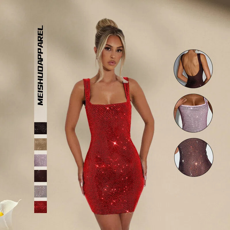 Diamond-encrusted solid color halter dress for women 2025 winter sexy backless sleeveless elegant cinched waist dress, vacation-style dress full figure