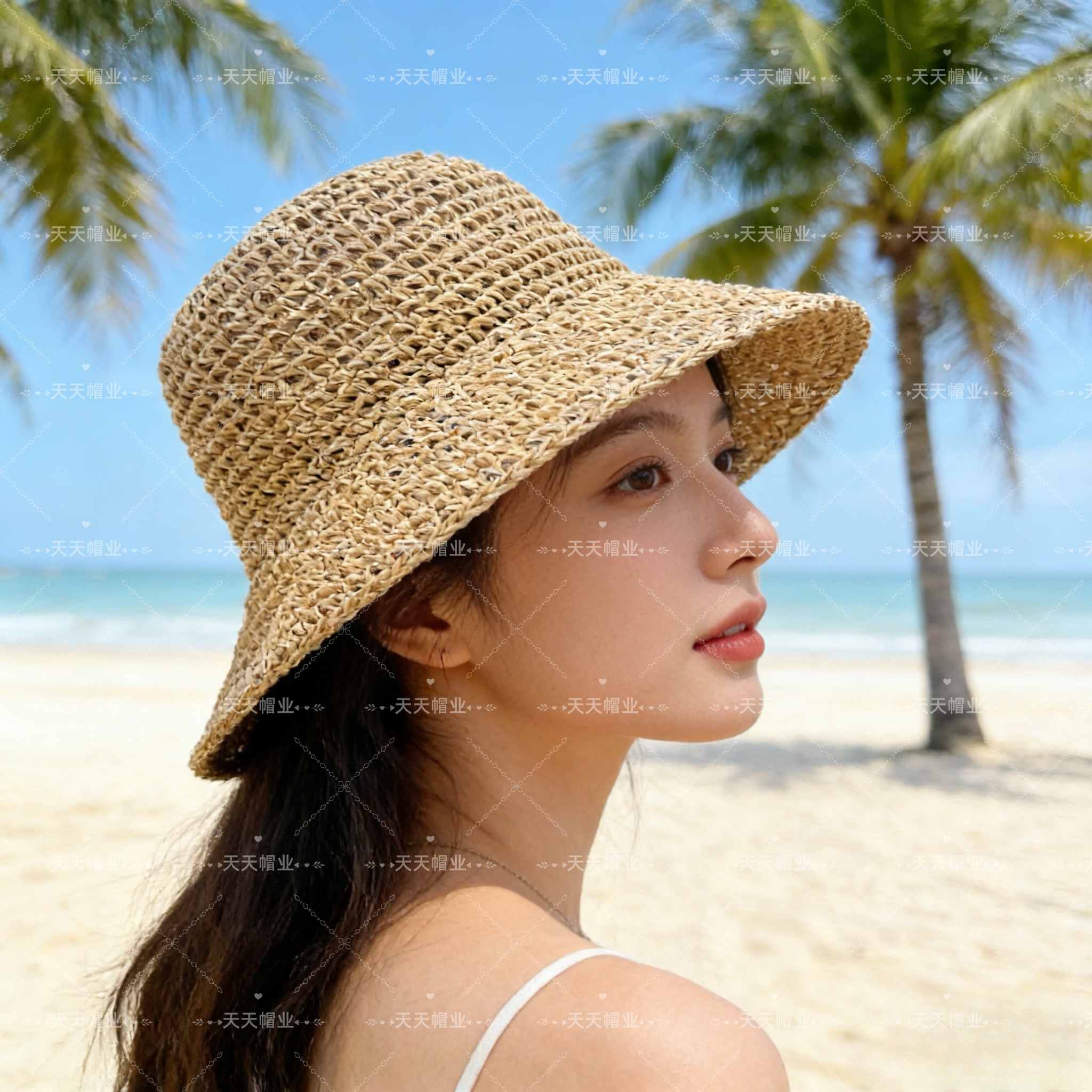 拼色草编帽，女沙滩防晒帽，纯手工编织帽子，小红书抖音热销款，草编织女性沙滩草帽小麦秸秆草帽环保，易折叠易携带