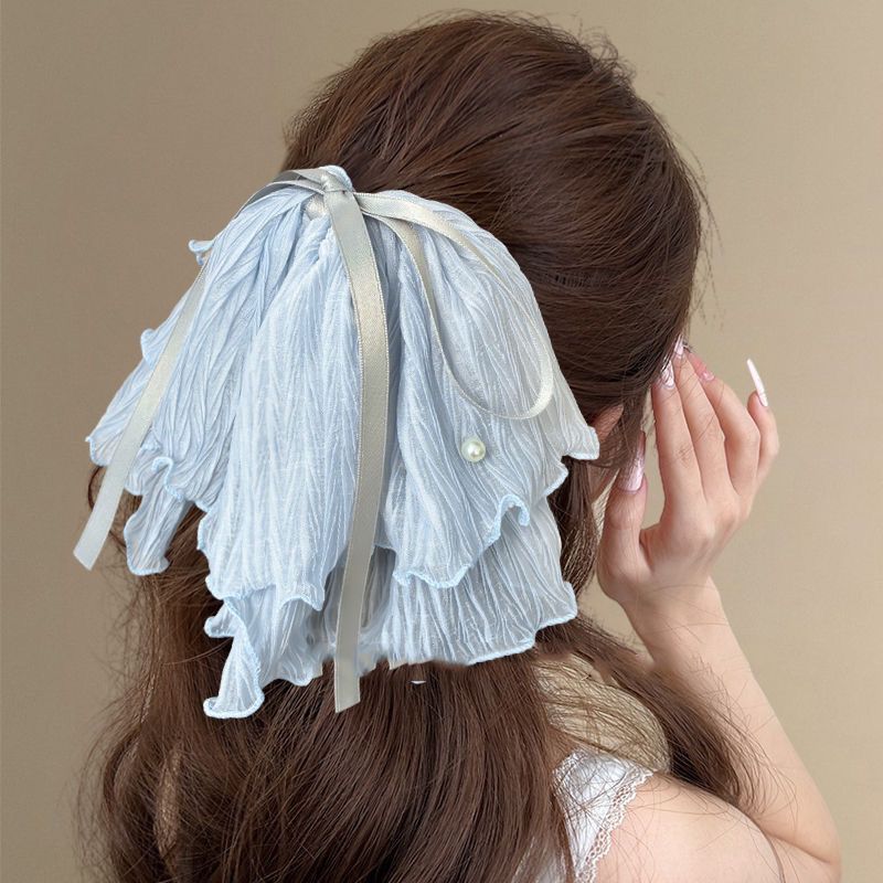 The light blue bow, heavy pearl, high-end ribbon, ponytail, semi-tied hair band, and the hair tie are extremely large detail image 14