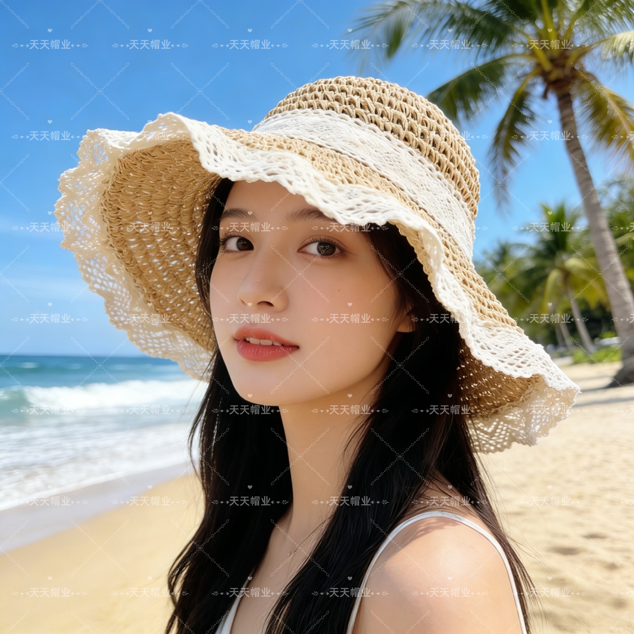 蕾丝草编帽，沙滩防晒帽，纯手工编织帽子，小红书抖音热销款，草编织女性沙滩草帽小麦秸草帽秆环保