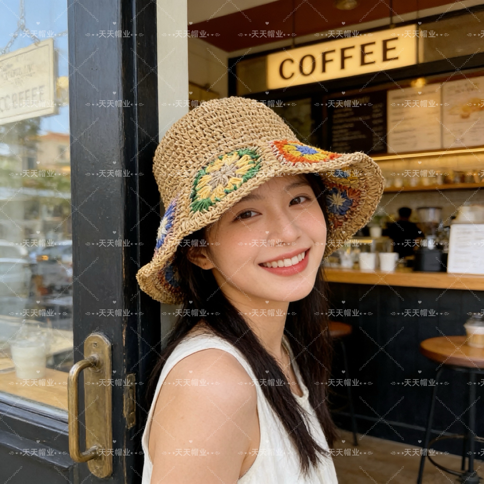 彩色花女士草编帽，五色花沙滩防晒帽，纯手工可折叠编织帽子，小红书抖音热销款，草编织女性沙滩草帽小麦秸草帽秆环保
