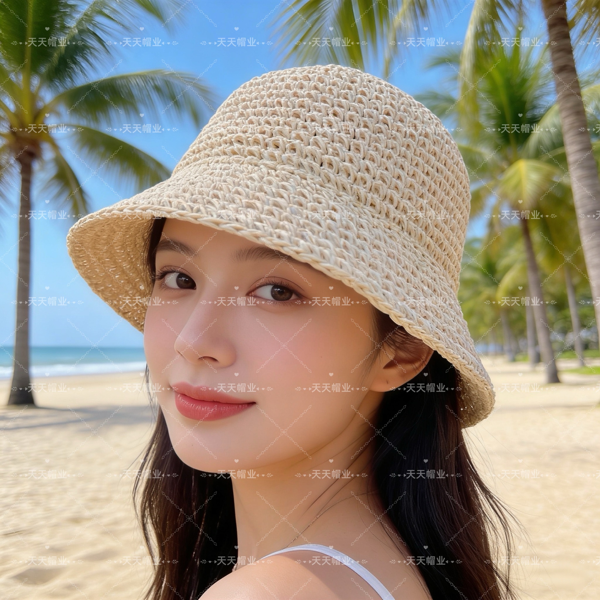 双色线草编帽，女沙滩防晒帽，纯手工编织帽子，小红书抖音热销款，草编织女性沙滩草帽小麦秸秆帽环保