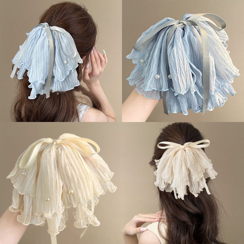 The light blue bow, heavy pearl, high-end ribbon, ponytail, semi-tied hair band, and the hair tie are extremely large detail image 13