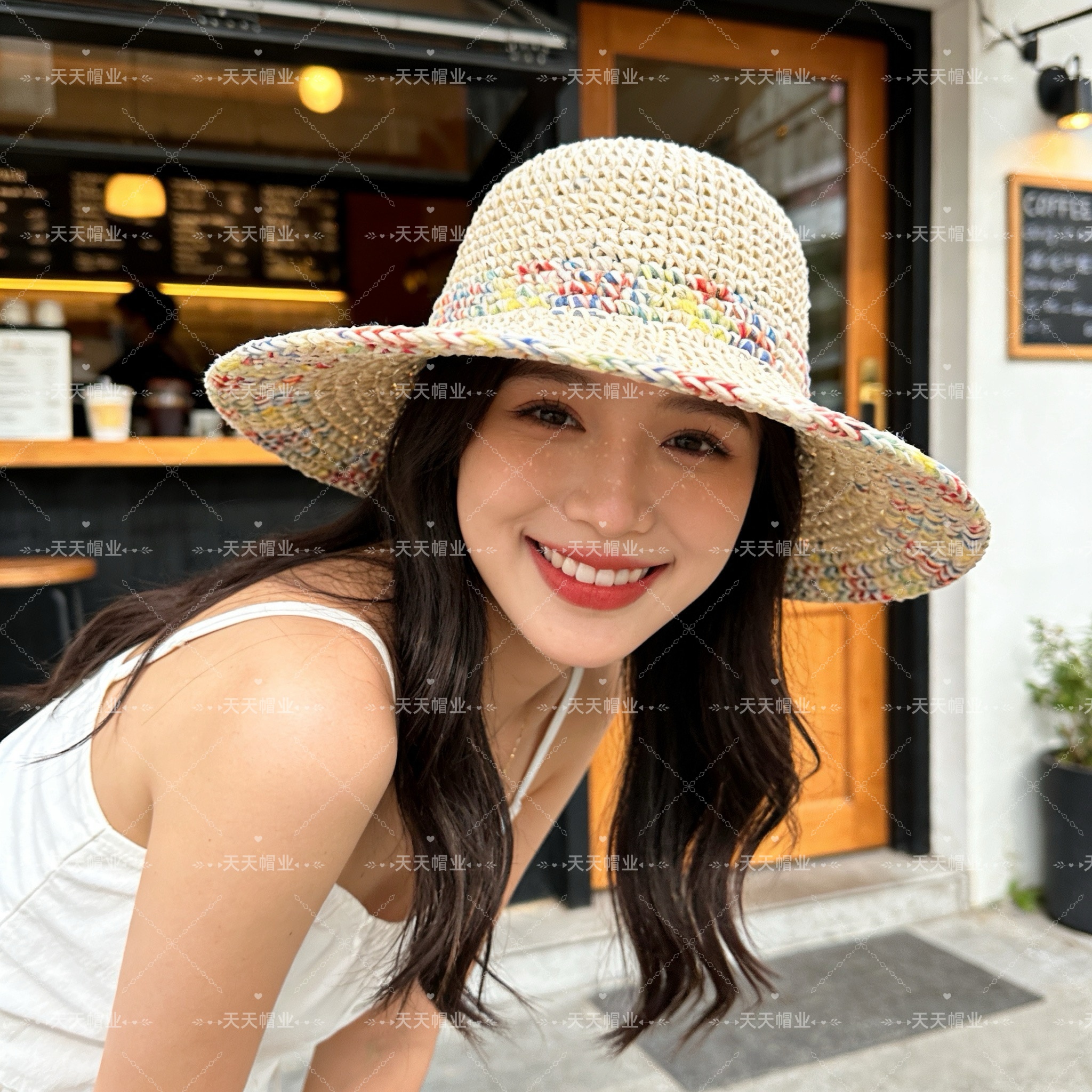 彩色毛边草编帽，沙滩防晒帽，可折叠纯手工编织帽子易折叠易收纳草帽，小红书抖音热销款，草编织女性沙滩草帽小麦秸草帽秆环保