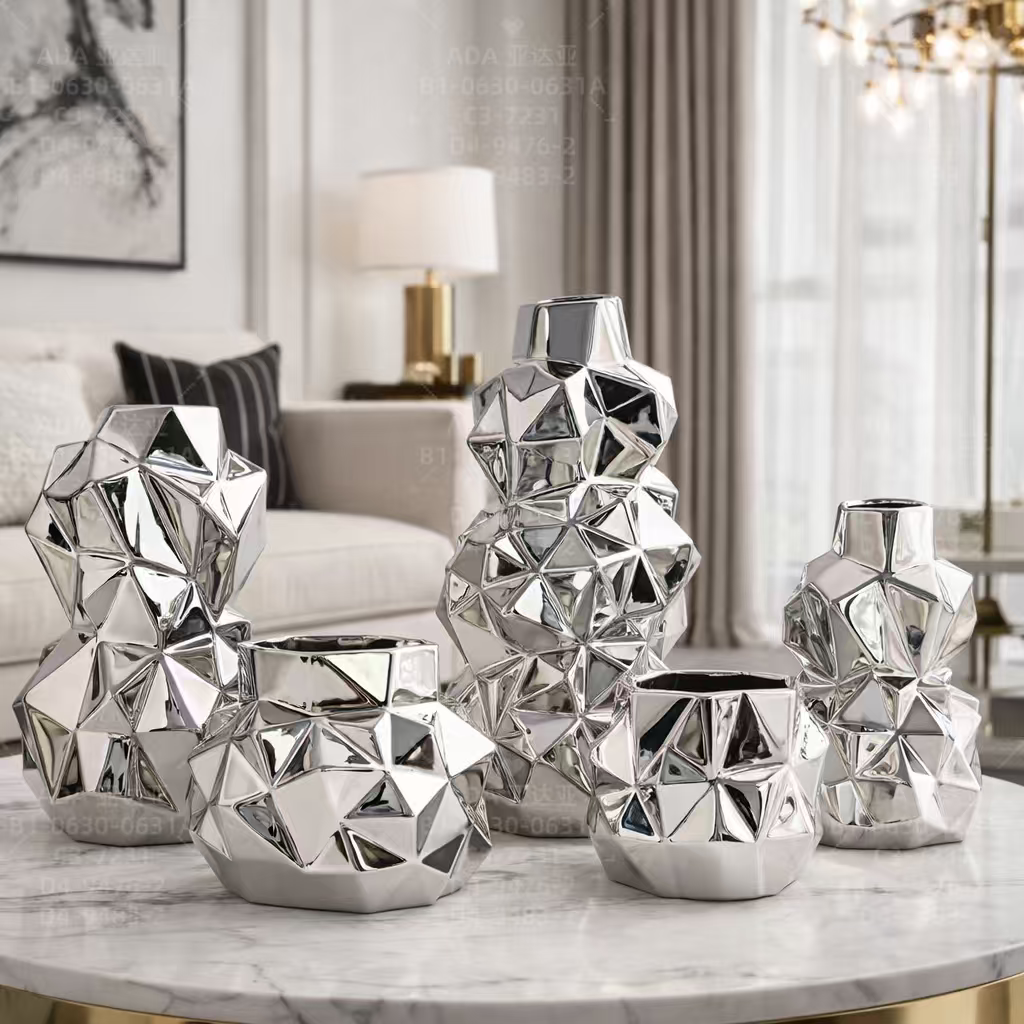银色几何陶瓷花瓶 电镀菱形干花花器 客厅玄关高级感装饰摆件
