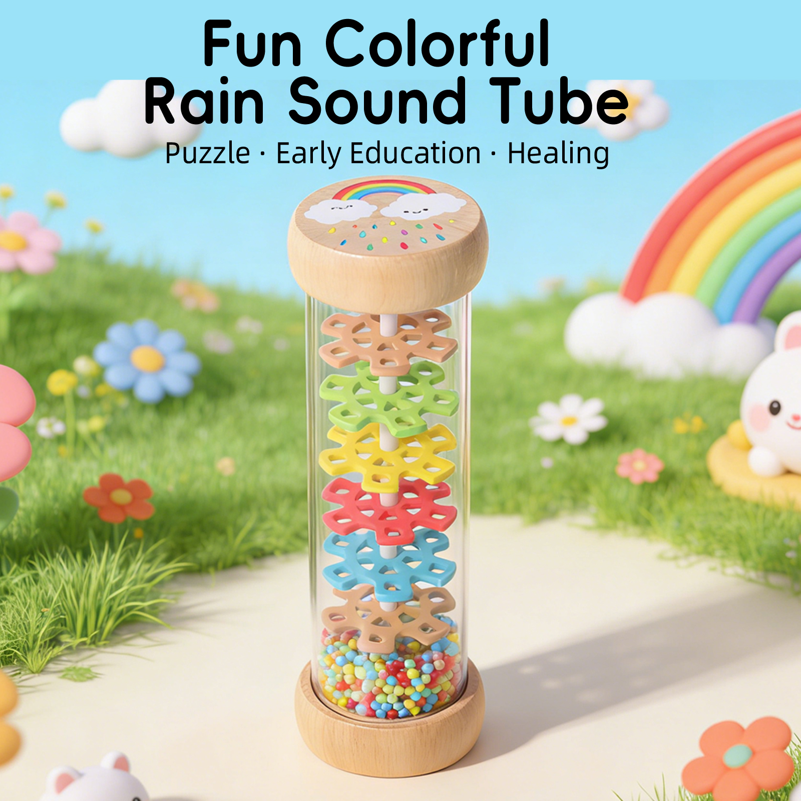 彩色雨声管玩具透明圆柱形管多色齿轮彩色小球蒙氏感官早教奥尔夫乐器模拟婴幼儿彩虹云朵雨声筒听觉摇铃打击音乐教具