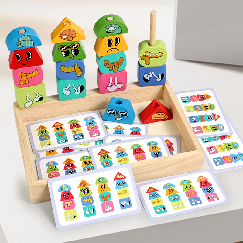 Expression dress-up matching column puzzle, children's educational Jenga, baby building blocks, large particle early education toys, mermaid style, expression style, two options available, wooden box storage box full figure