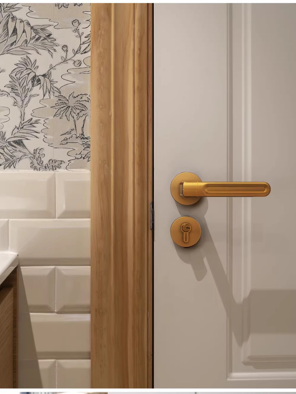 Haobao indoor bedroom yellow antique copper room door lock magnetic suction silent modern simple household solid wood door handle pic 4