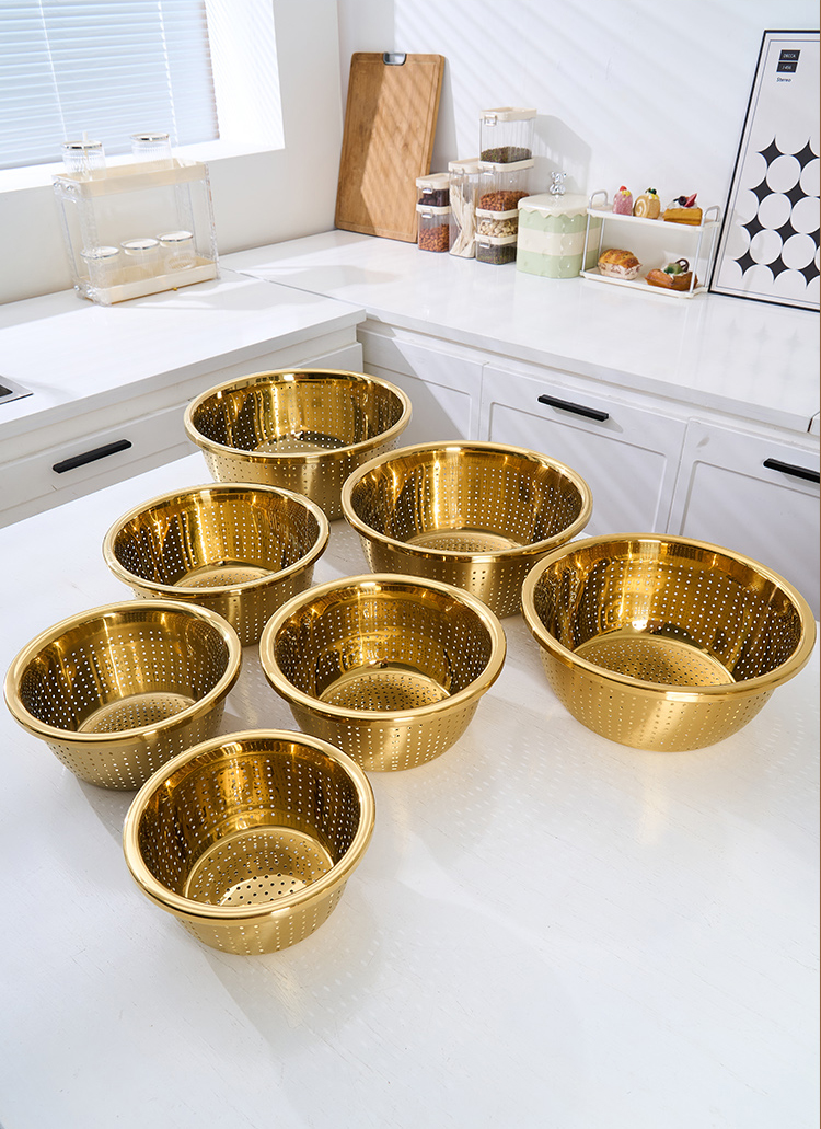 金色不锈钢沥水盆系列洗水果水槽洗菜篮洗菜盆 沥水篮、盆详情14