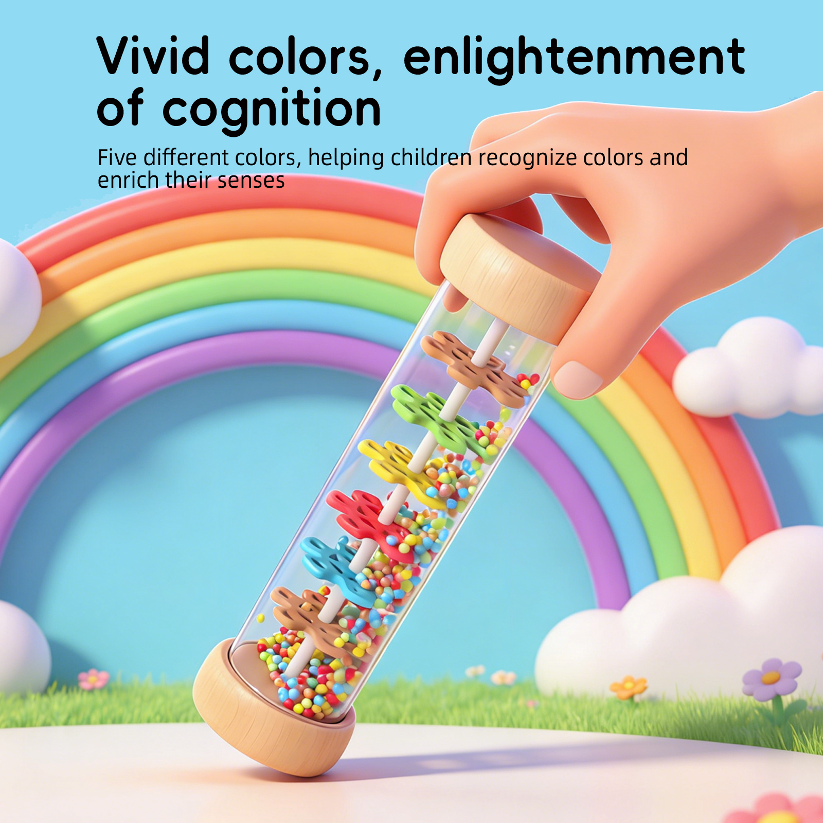 Colorful rain sound tube toys, transparent cylindrical tubes, multi-color gears, colorful small balls, Montessori sensory early education orff Musical Instruments, simulating infant rainbow clouds, rain sound tubes, auditory ringing bells, percussion music teaching AIDS Application Scenario