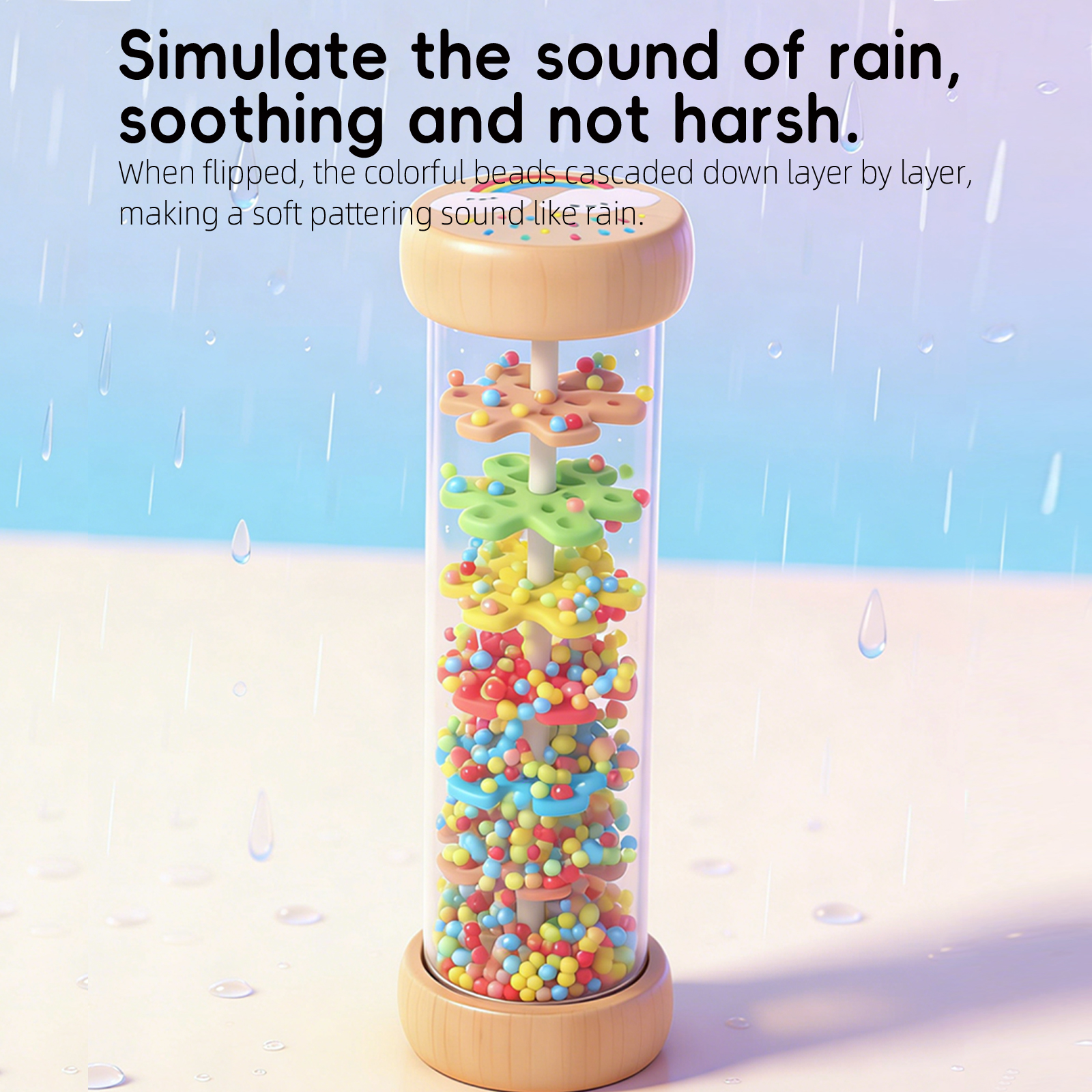 Colorful rain sound tube toys, transparent cylindrical tubes, multi-color gears, colorful small balls, Montessori sensory early education orff Musical Instruments, simulating infant rainbow clouds, rain sound tubes, auditory ringing bells, percussion music teaching AIDS Specification drawing