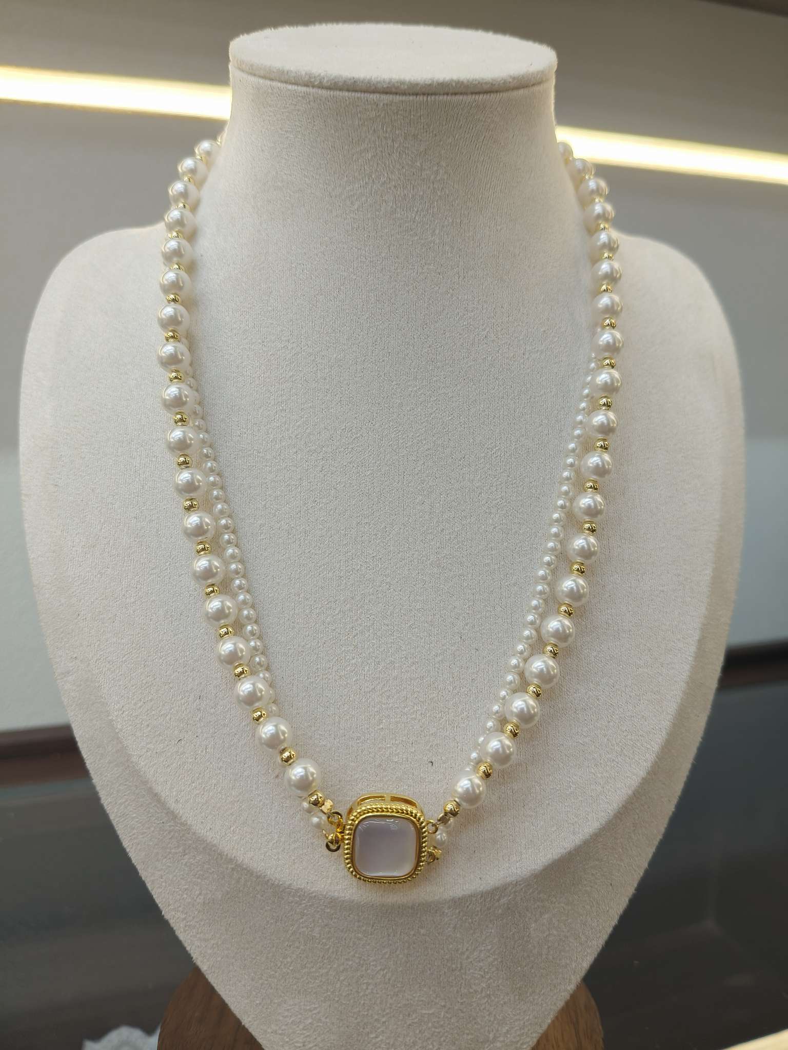 方形贝母施家珍珠叠戴项链 小众轻奢高级感 通勤百搭气质锁骨链