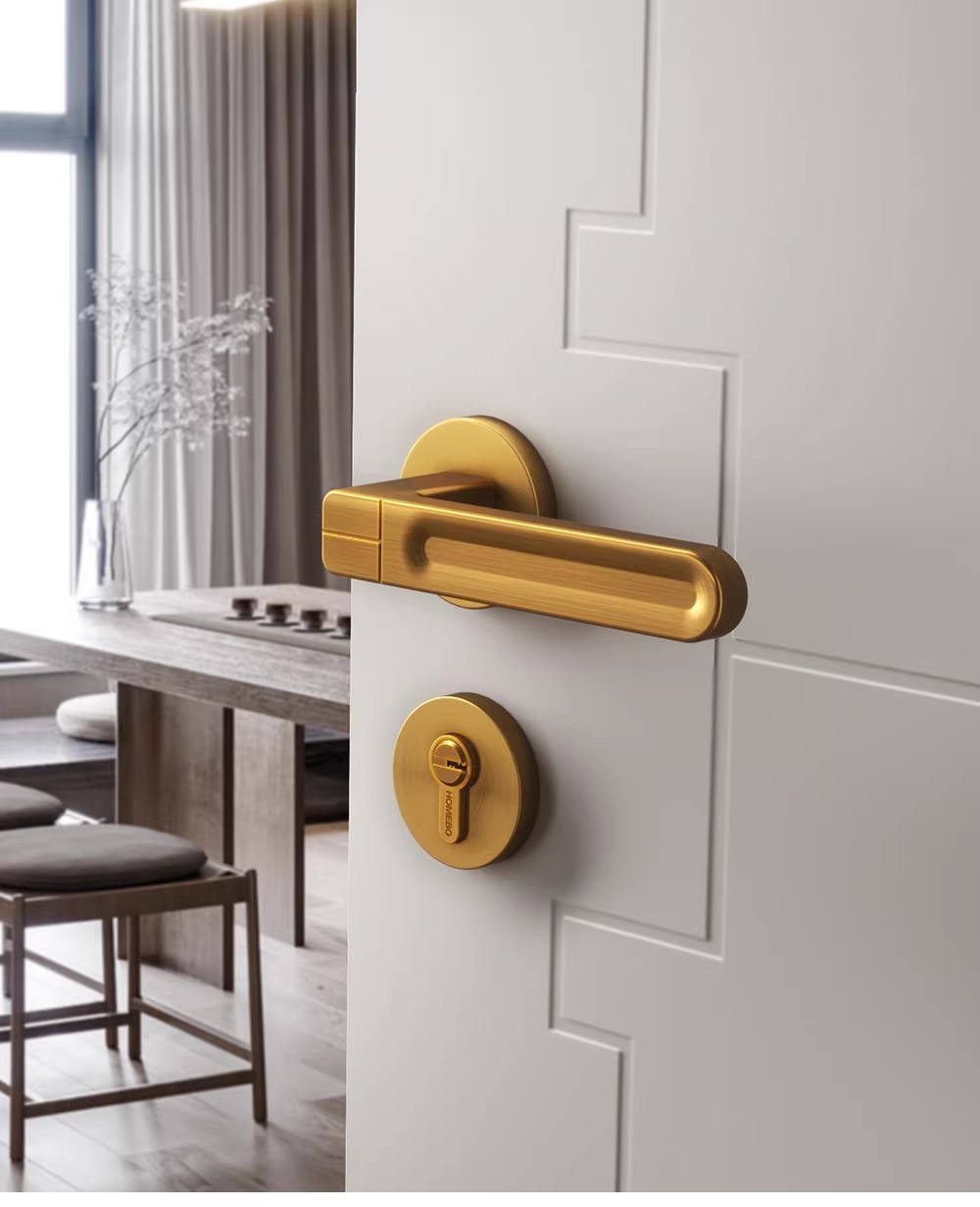 Haobao indoor bedroom yellow antique copper room door lock magnetic suction silent modern simple household solid wood door handle pic 5