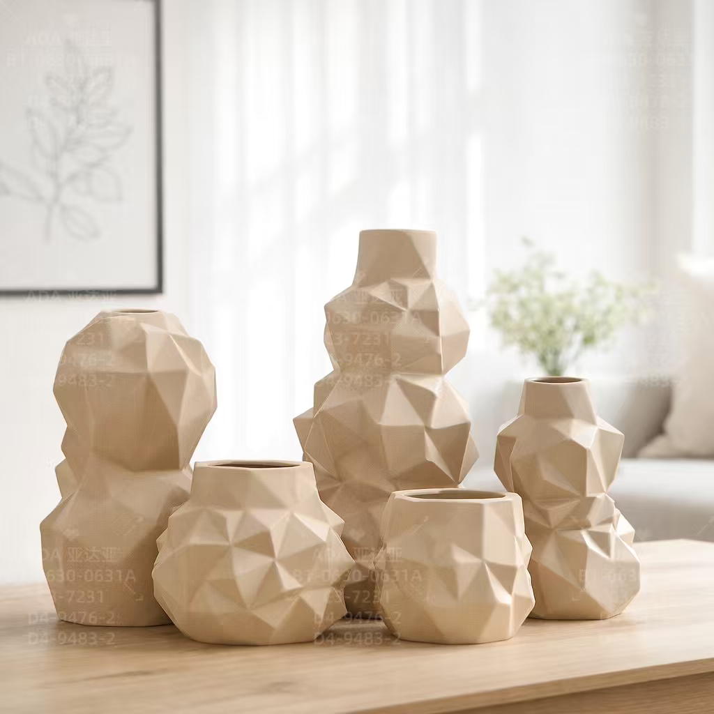 浅棕色几何陶瓷花瓶 电镀菱形干花花器 客厅玄关高级感装饰摆件
