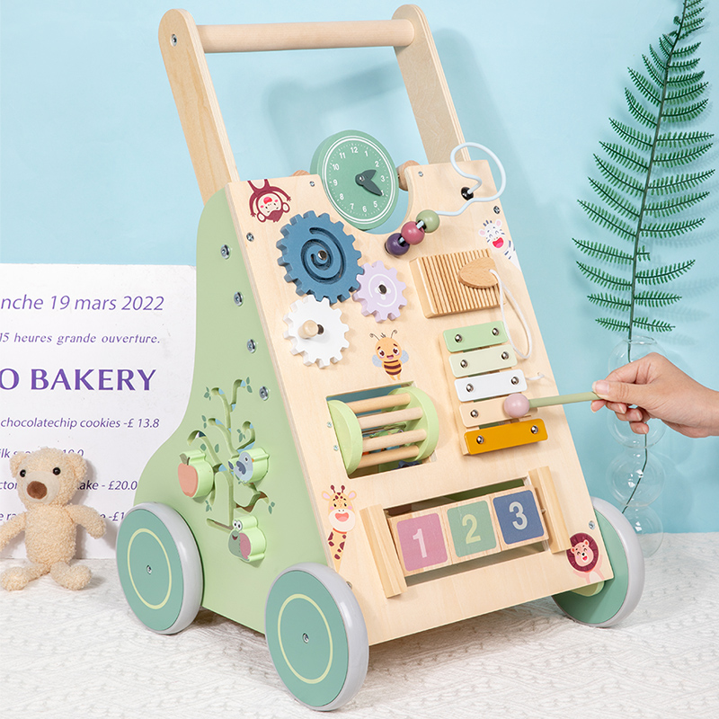 Wooden children's baby walker stroller, baby walker stroller, green animal multi-functional baby walker, baby walker stroller, wooden baby multi-functional early education and intelligence toy, children's first birthday gift Item Picture