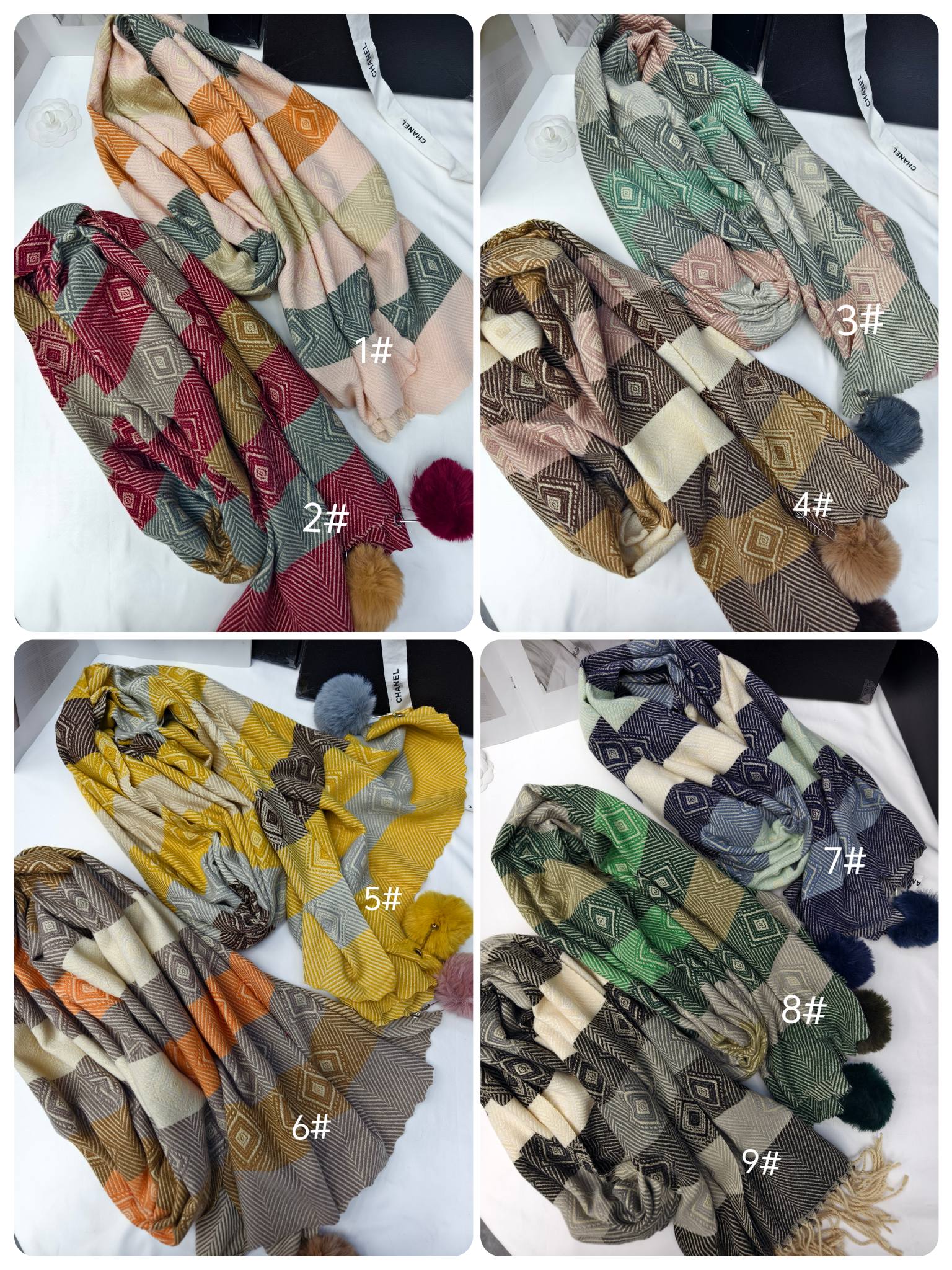 Cross-border cross-border bufandas al por mayor comercio electrónico cadena de suministro en vivo nuevos diseños jacquard diamante plaid flecos y pelotas Item Picture