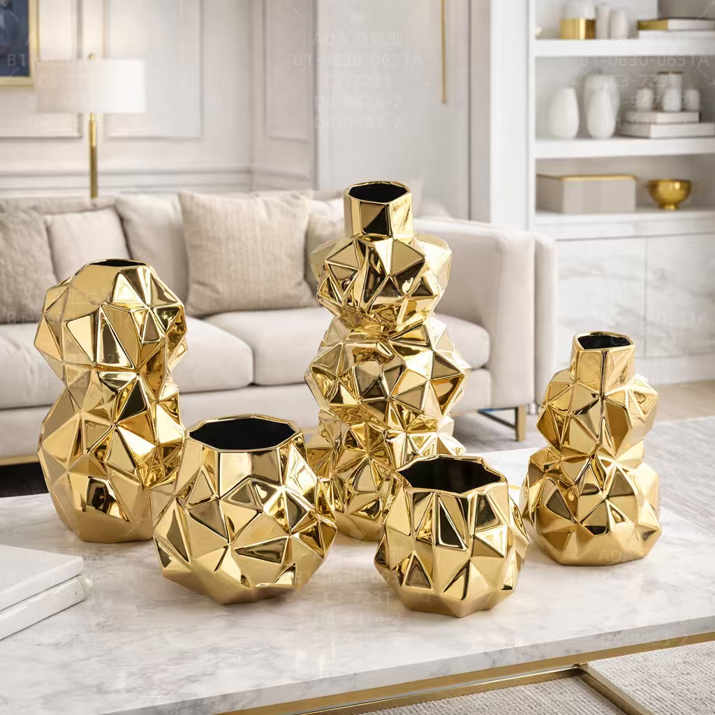 轻奢金色几何陶瓷花瓶 电镀菱形干花花器 客厅玄关高级感装饰摆件