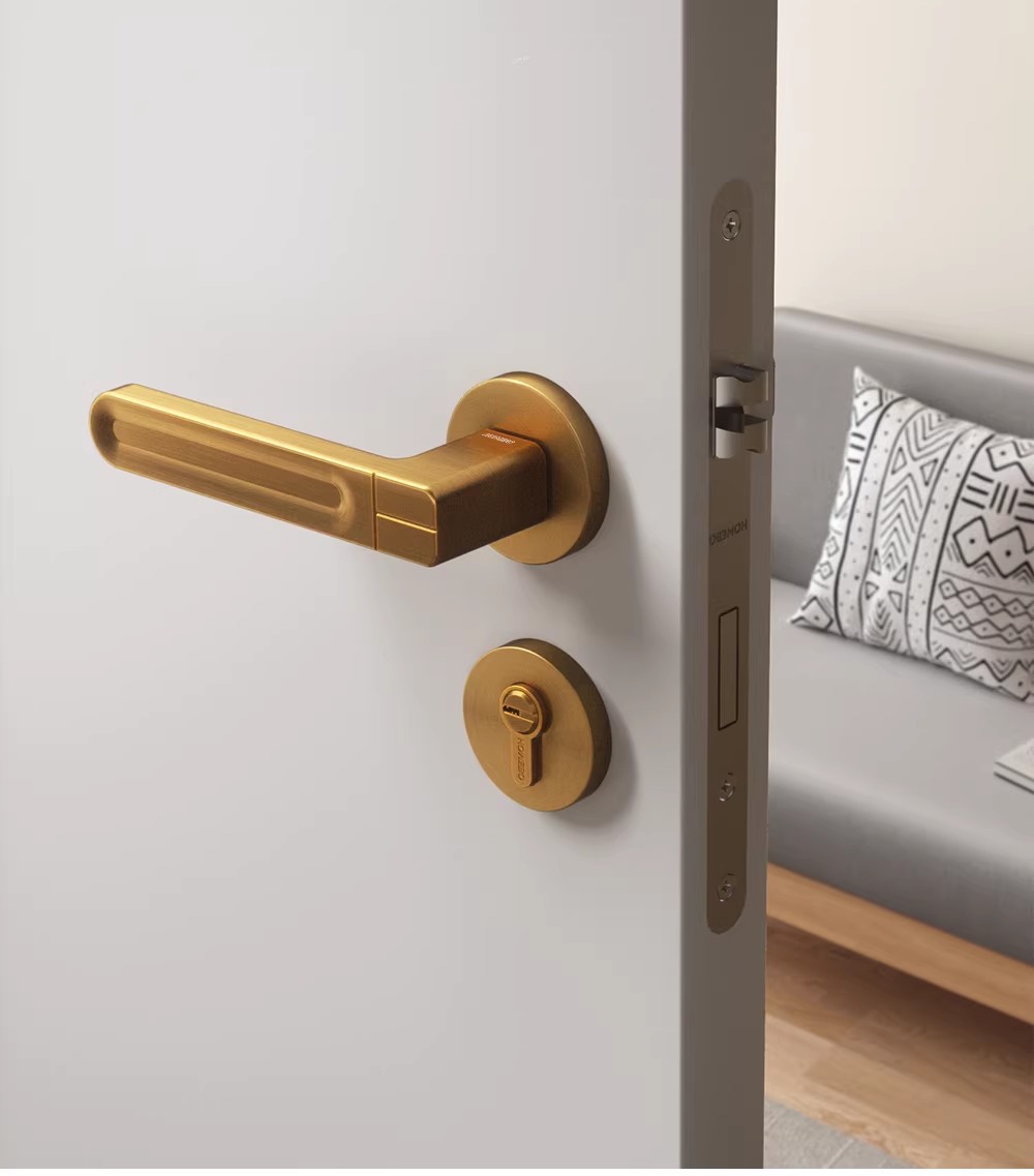 Haobao indoor bedroom yellow antique copper room door lock magnetic suction silent modern simple household solid wood door handle pic 9